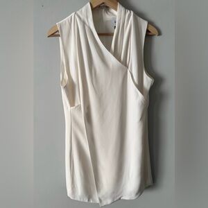 CABI Ivory Faux Wrap Tulip Hem Blouse High Neck Sleeveless Office Modern US 10
